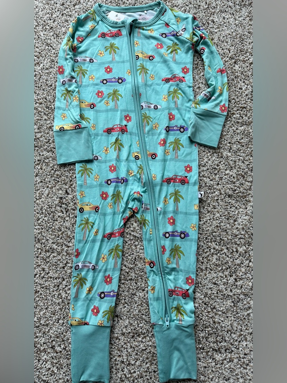 Mint Green Palm & Race Car Convertible Hands and Feet Bamboo One-Piece for Kids